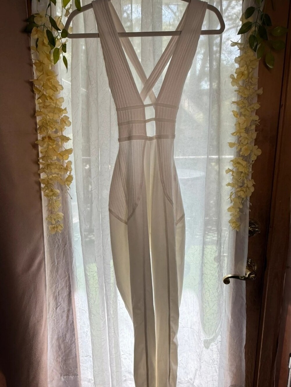 Ribbed V-Neck White Jumpsuit with Crisscross Back